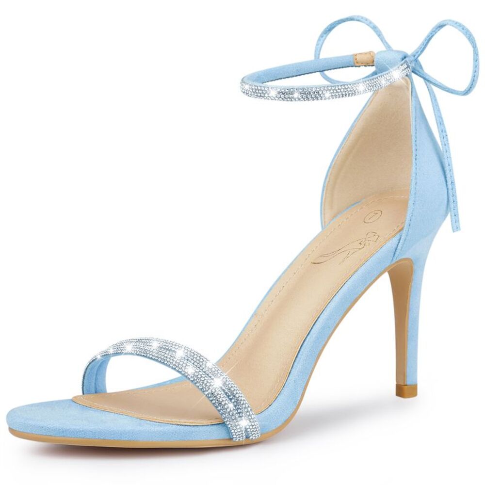 Rhinestone Ankle Tie Stiletto Heels Sandals Sky Blue